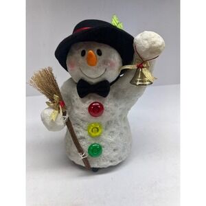 Vintage Animated Snowman Figurine with Top Hat Broom and Bell Holiday Decor